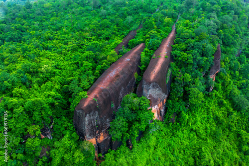 3 Whale Rock. Aerial view of Three whale stones in Phu Sing National, Bueng Kan, Thailand. © tawatchai1990