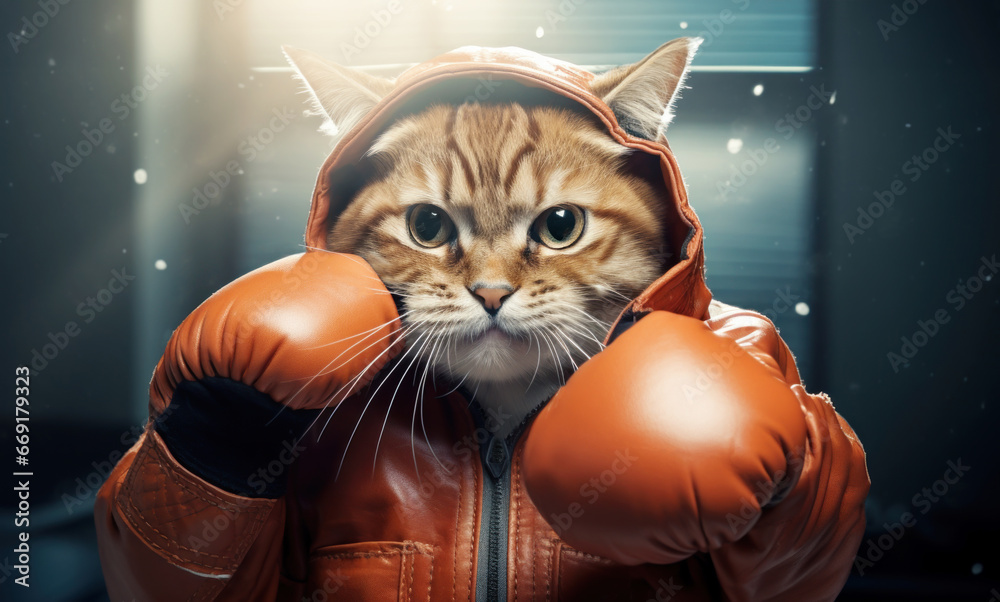 Portrait of a cat with boxing gloves