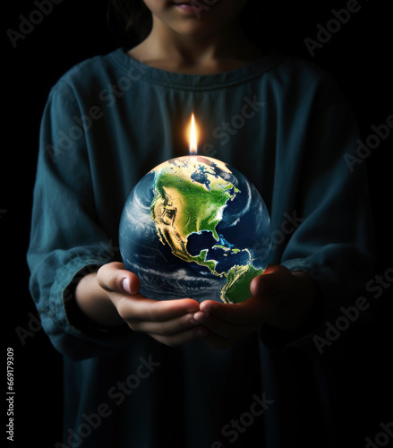 Child hands holding burning earth candle. Global warming concept