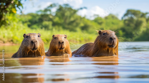 Group of capybara in water