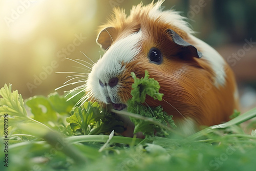 Guinea pig eating grass outdoors