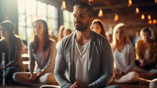 A group meditation session in a yoga studio, breath exercise, men and women meditating and breathing with closed eyes, breath-work concept