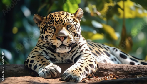 Portrait of a Jaguar lying on a river bank among trees