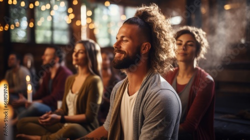 A group meditation session in a yoga studio, breath exercise, men and women meditating and breathing with closed eyes, breath-work concept photo