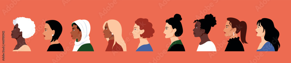 Women profile. International woman day, hair and face silhouette, female people beauty girl in hijab. Various nationality. Blonde and brunette, african american and muslim, vector cartoon set - obrazy, fototapety, plakaty 