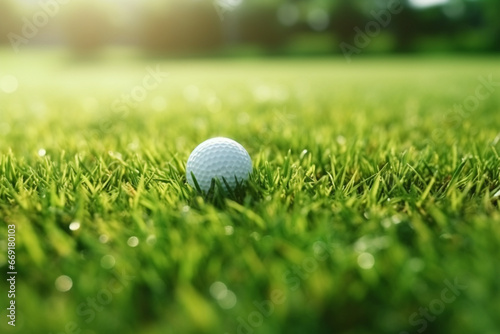 Golf ball next golf hole on grass field
