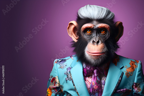 Creative animal concept. Chimpanzee in glam fashionable couture high end outfits isolated on bright background advertisement, copy space. birthday party invite invitation banner. 