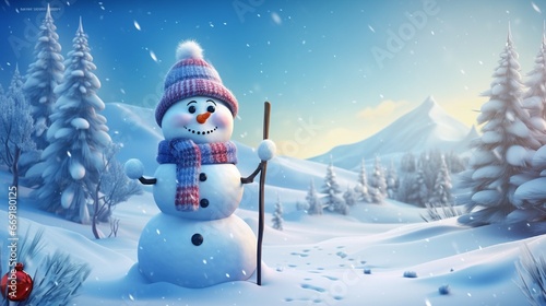 Merry Christmas and happy New Year greeting card with copy-space. Happy snowman with a broom in hand, standing in Christmas landscape. Snow background. Winter fairytale. © Sanan