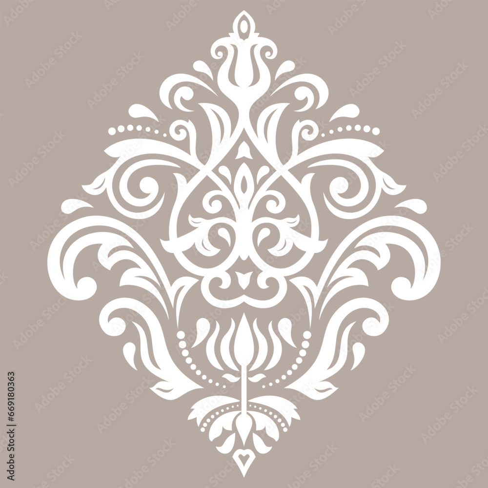 Oriental vector ornament with arabesques and floral elements. Traditional classic brown and white ornament. Vintage pattern with arabesques