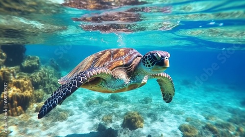 Sea turtle in blue water. Friendly marine turtle underwater photo. Oceanic animal in wild nature. Summer vacation activity. Snorkeling or diving banner template. Tropical seashore with sea tortoise