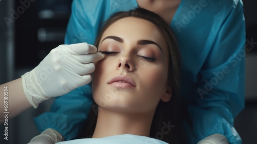 Cosmetic surgery  beauty  Surgeon or beautician touching woman face  surgical procedure that involve altering shape of eye  medical assistance  eyelid surgery  double eyelid  big eyes  ptosis