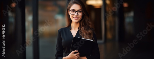 Illustration of a beautiful cheerful smiling business lady or secretary in a black business suit with a folder in her hands. For poster, invitation, flyer, banner, header. Generative AI content photo