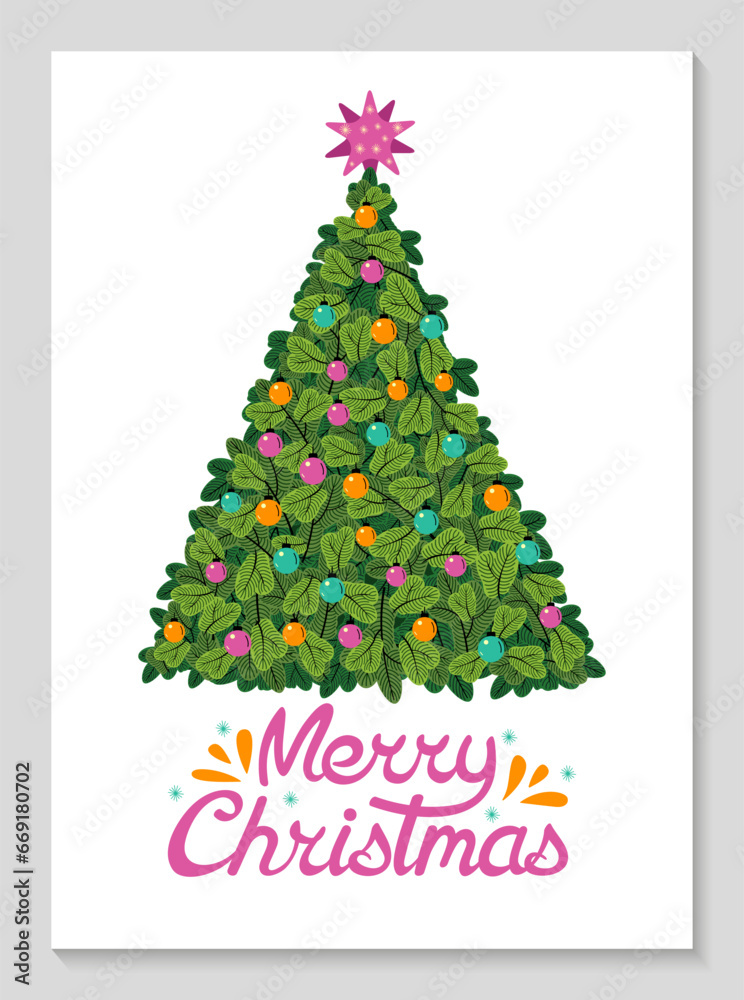 Merry Christmas lettering. Greeting card with Christmas tree with balloons and inscriptions. Merry Christmas lettering. Greeting card with Christmas tree with balloons and inscriptions.