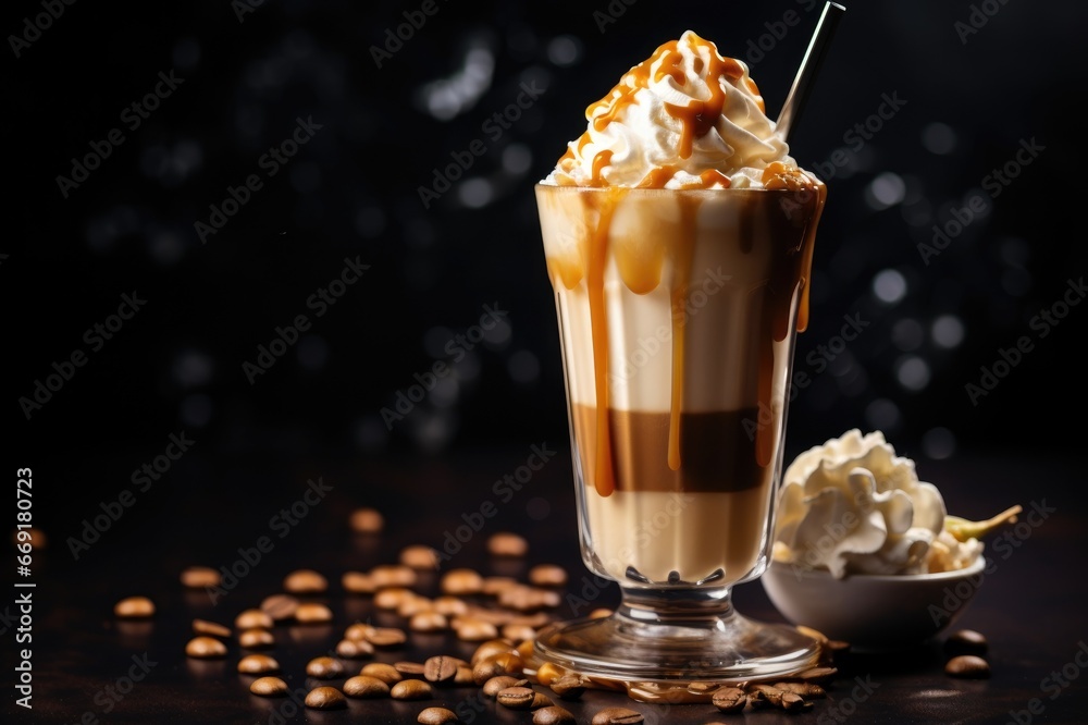 Milkshake or coffee cocktail with caramel sauce. Milkshake or coffee cocktail with caramel sauce.