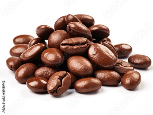 Pile of brown coffee beans isolated on white background.