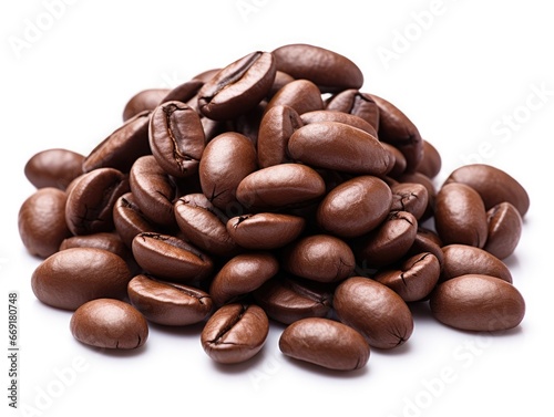 Pile of brown coffee beans isolated on white background. photo