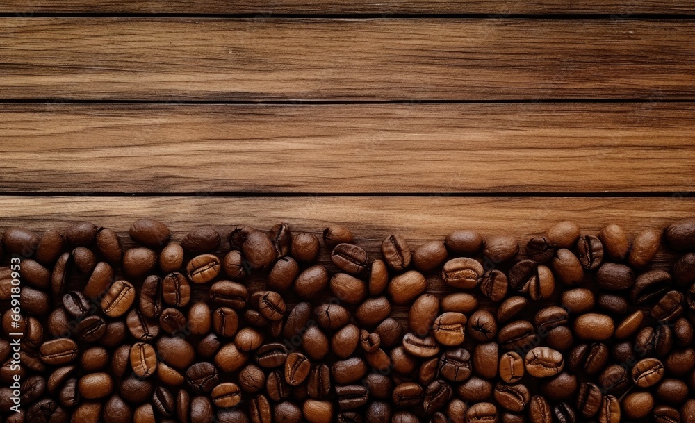 Coffee beans on wooden table. Coffee beans on wooden table.