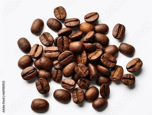 Pile of brown coffee beans isolated on white background.