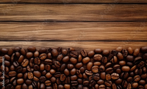 Coffee beans on wooden table.