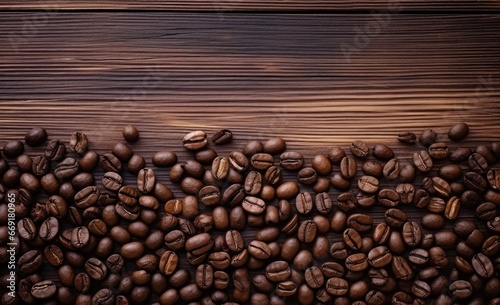 Coffee beans on wooden table.