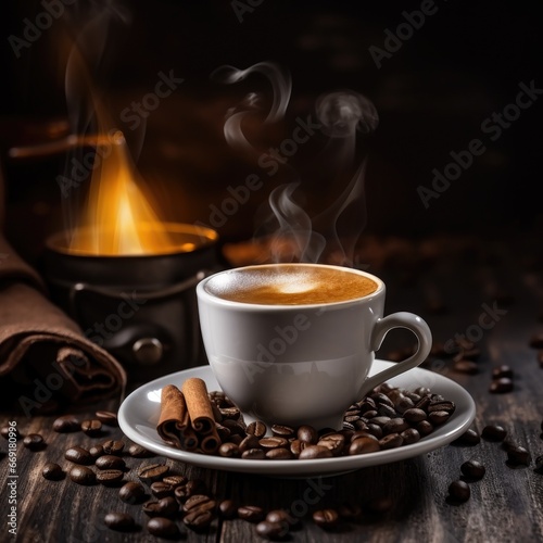 Coffee cup on wooden table with coffee beans on table.