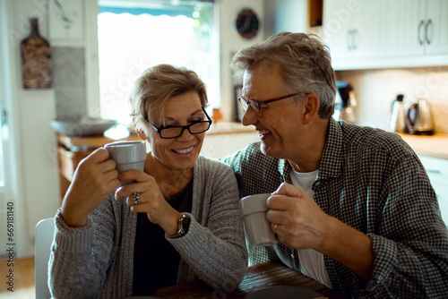 Mature couple enjoys a heartwarming coffee break together in their sunlit kitchen photo