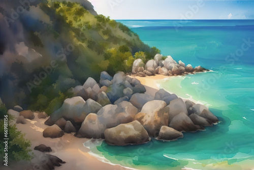 Tropical beach panorama with palms and rocks, Seychelles, Generative AI