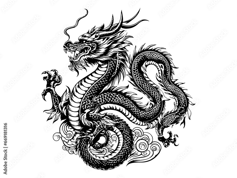 2024年辰年年賀状素材・白黒龍 2024年辰年年賀状素材・白黒龍