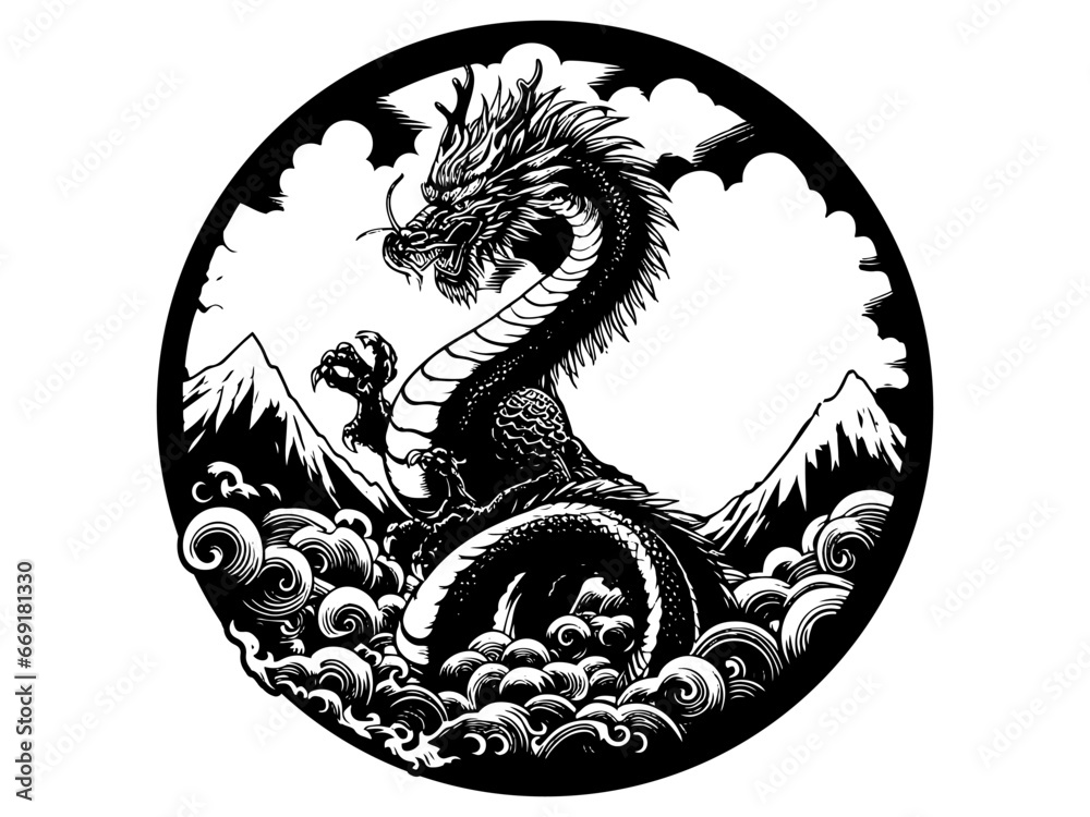 2024年辰年年賀状素材・白黒龍 2024年辰年年賀状素材・白黒龍
