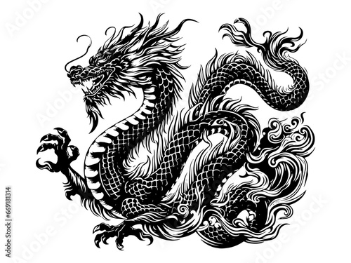 2024年辰年年賀状素材・白黒龍