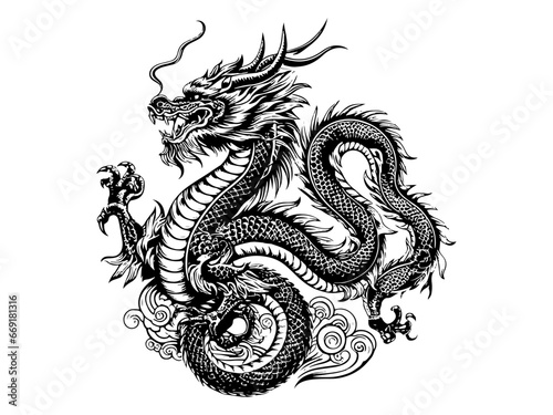 2024年辰年年賀状素材・白黒龍