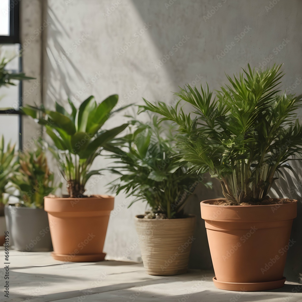 Fototapeta premium Plants in pots at wall background