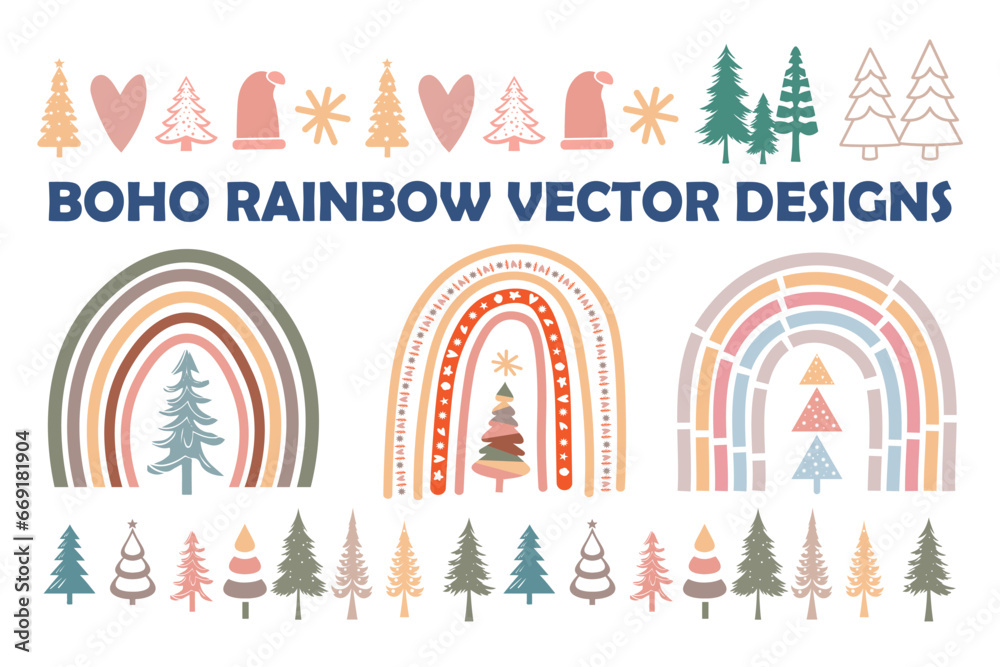 Boho rainbow set and set of Christmas cards with tree, set of Christmas icons Boho rainbow set and set of Christmas cards with tree, set of Christmas icons