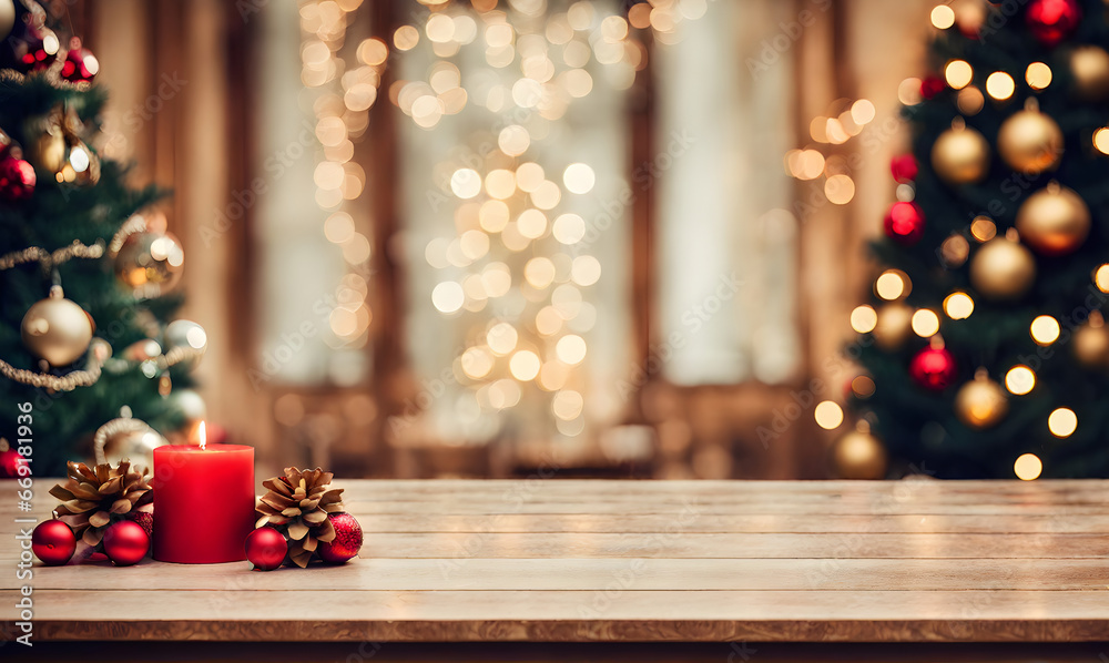 Wooden table, blurred Christmas background