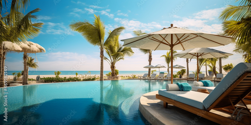 Luxurious hotel pool on vacation and umbrella loungers next to the beach and palm trees under blue skies