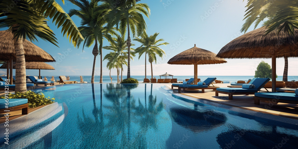 Luxurious hotel pool on vacation and umbrella loungers next to the beach and palm trees under blue skies