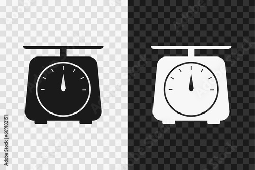 Kitchen scales silhouette icon, vector glyph sign. Kitchen scales symbol isolated on dark and light transparent backgrounds.