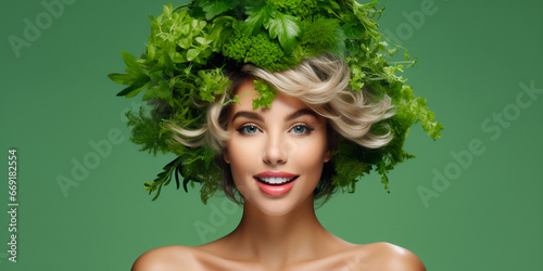 attractive smiling girl with green leaves in her hair on a green background