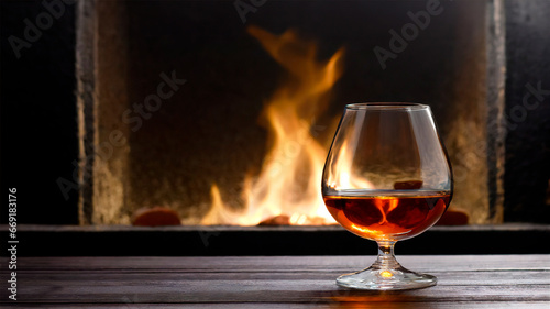Glass of cognac on dark wooden table, isolated with a burning fireplace in the background. Generative AI