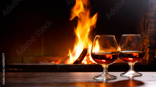 Cognac glasses on dark wooden table, isolated with a lit fireplace in the background. Generative AI