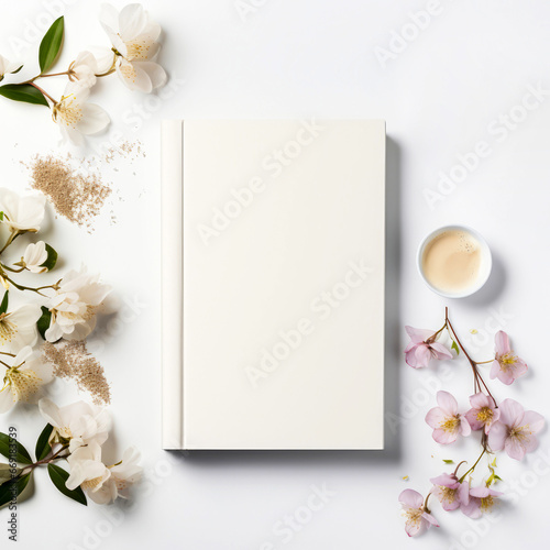 White floral mock up for female. empty blank with place for text. Spring holidays. Invitation, greeting card. Flat lay, top view. Generative ai.
