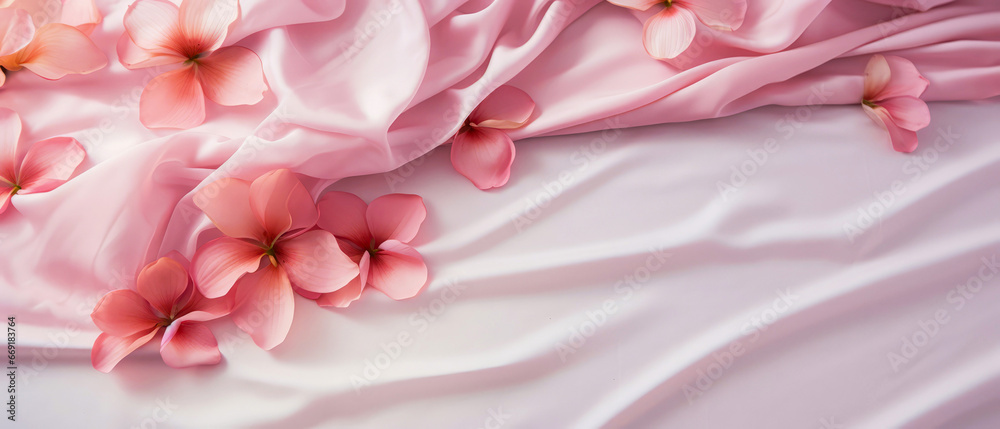 Pink silk bed sheet with flowers petals. Top view, flat lay. Satin fabric background. Female romantic mockup. Morning relax leisure. Hotels bedroom.Generative ai.