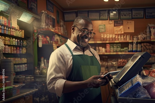 Online accounting and sales analysis. Smiling middle aged African American man who owned a grocery store standing with a tablet PC.