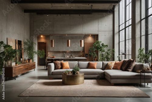Urban loft space with a distinctive interior, emphasizing the appeal of concrete walls. © xKas