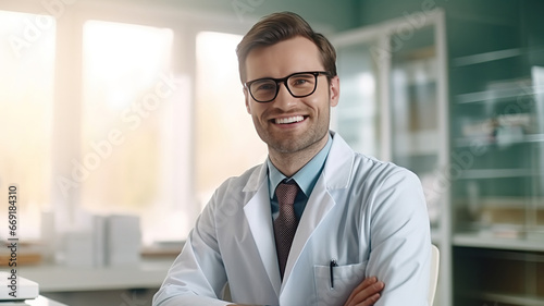 Happy young attractive caucasian Physician Man doctor Smiling and Looking at camera Posing With Stethoscope on clinik Background. Doctor's Portrait. Medical Career Concept. ai.