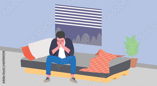 Tensed and Depressed person sitting on bed covering mouth with hands. A Sleepless man awake in bed try to fall asleep anxious thinking. Tired and exhausted male suffer from insomnia sleeping disorder