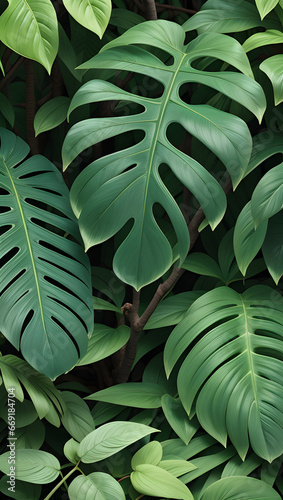 Monstera delicosa leaves textured background, jungle tree, tropical forest plant evergreen vines bush