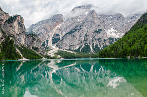 View of lake Braies, one of the most beautiful lakes of the Dolomites