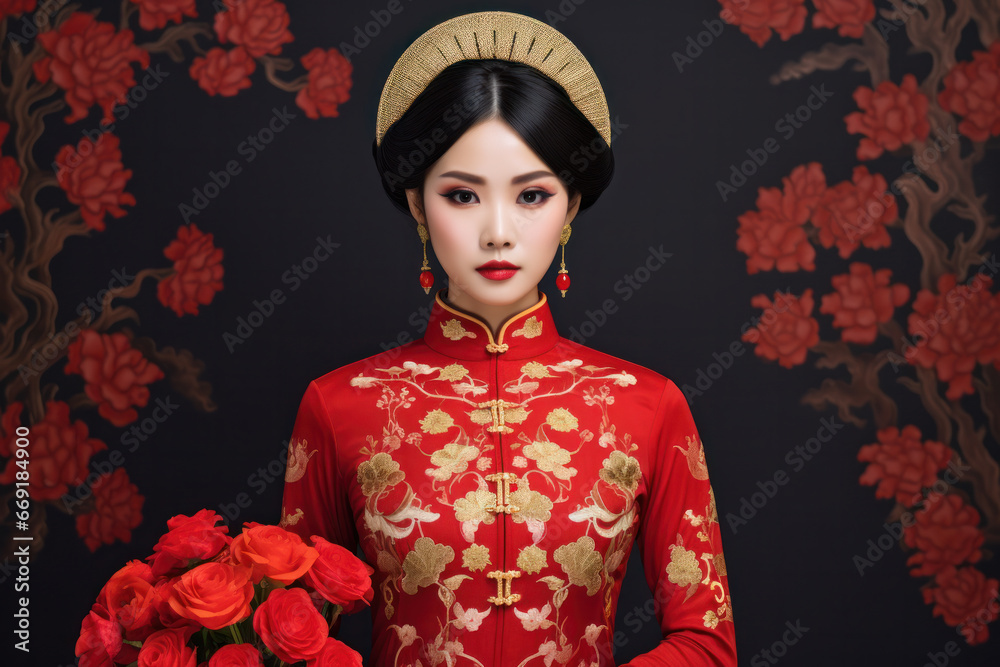 Woman in a classic Asian silk dress