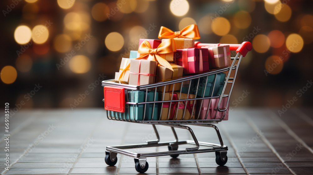 Festive Shopping Cart Overflowing with Gifts. Generative AI